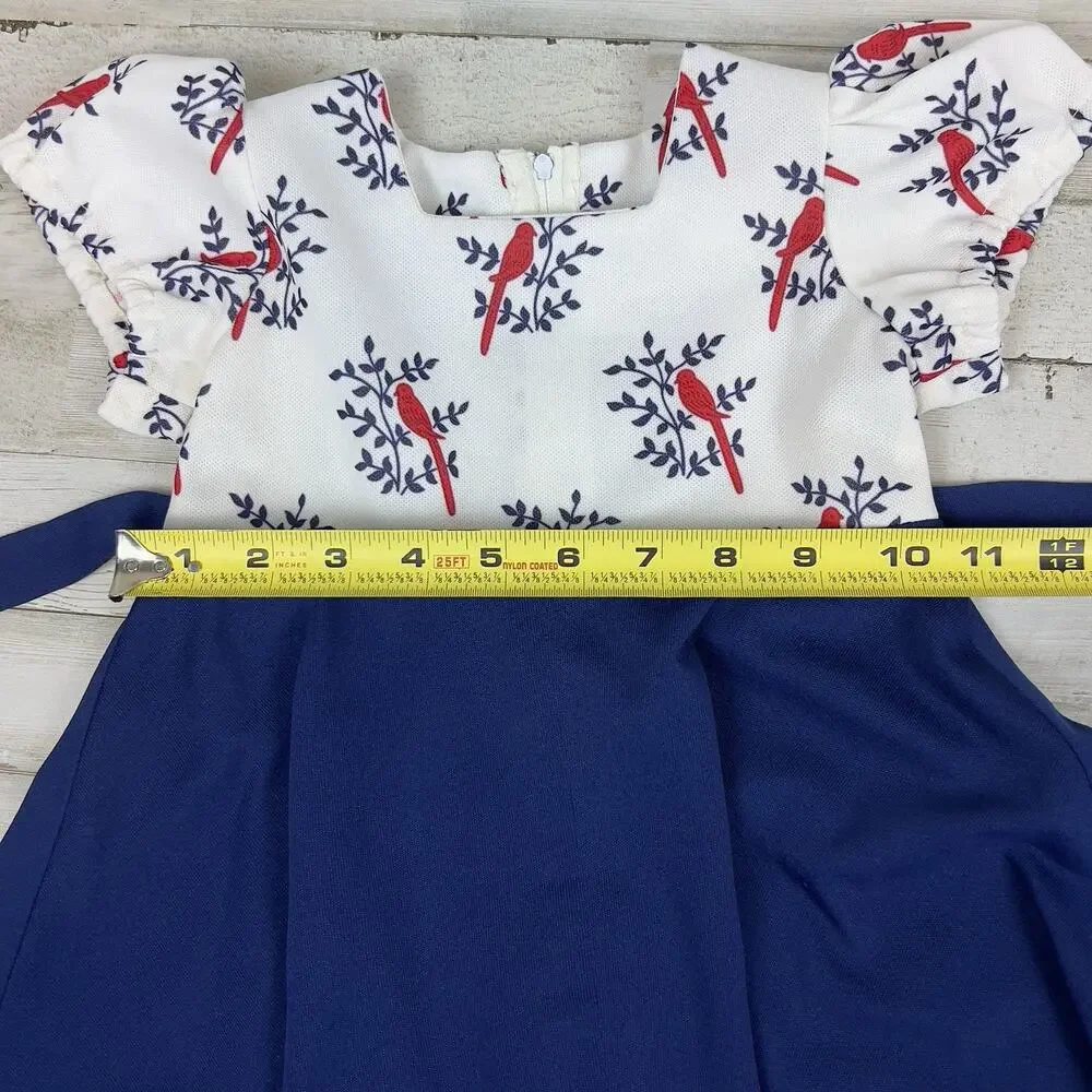 Vintage Handmade Girls Navy Coat & Bird‑Print Dress Set